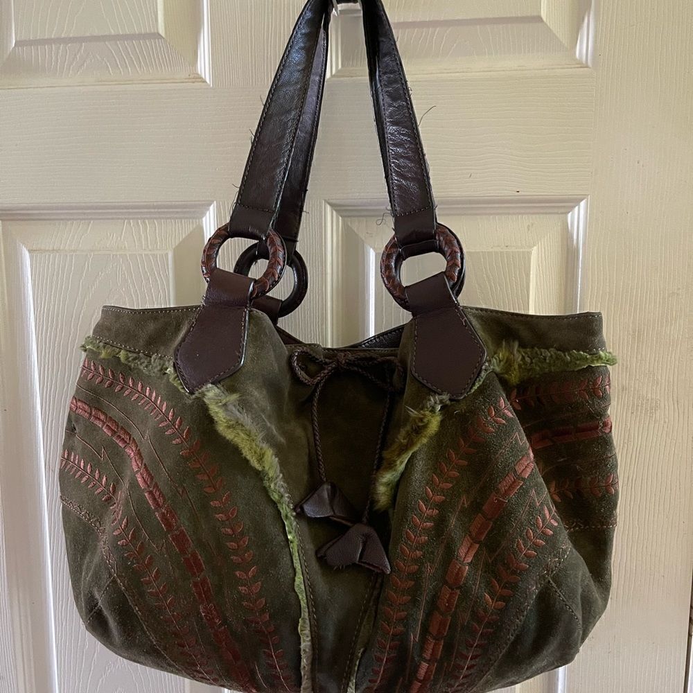 Maxx New York Hobo satchel leather suede olive green brown strap & embro…